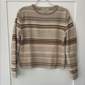 Eddie Bauer Cream and Brown Striped Crewneck Sweater - vintage - size small